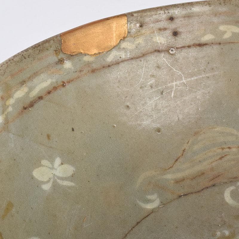 朝鮮美術 李朝 高麗青磁 象嵌花文碗 金継ぎ直し V R8968 三里