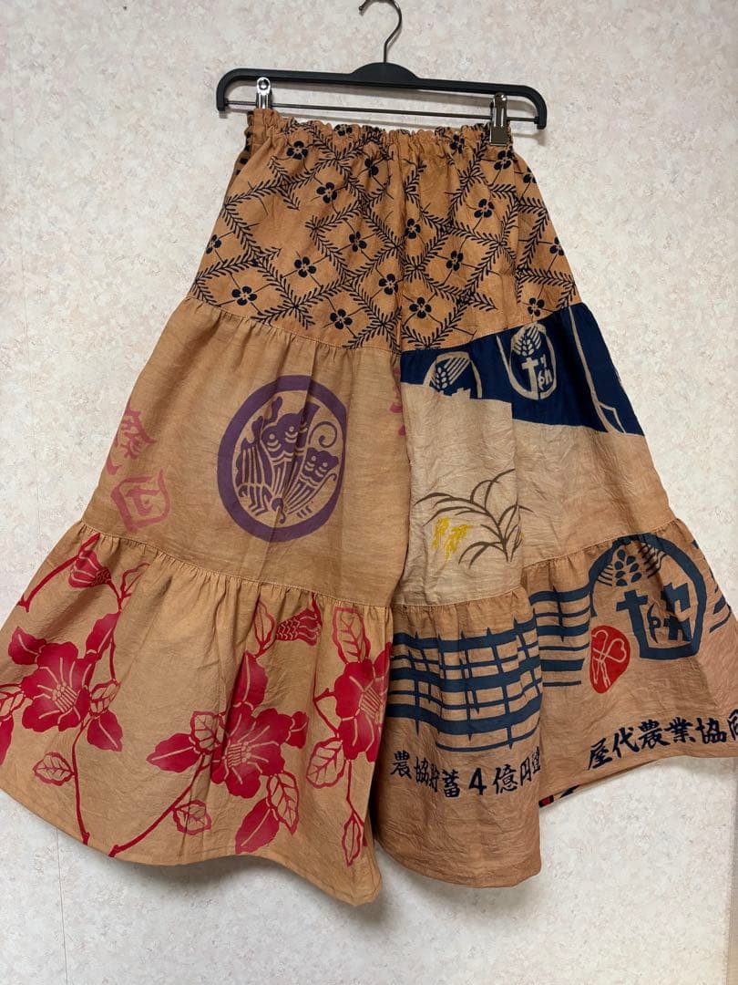 柿渋染め手ぬぐいと浴衣を使った3段ティアードパンツ　金魚　豆絞り