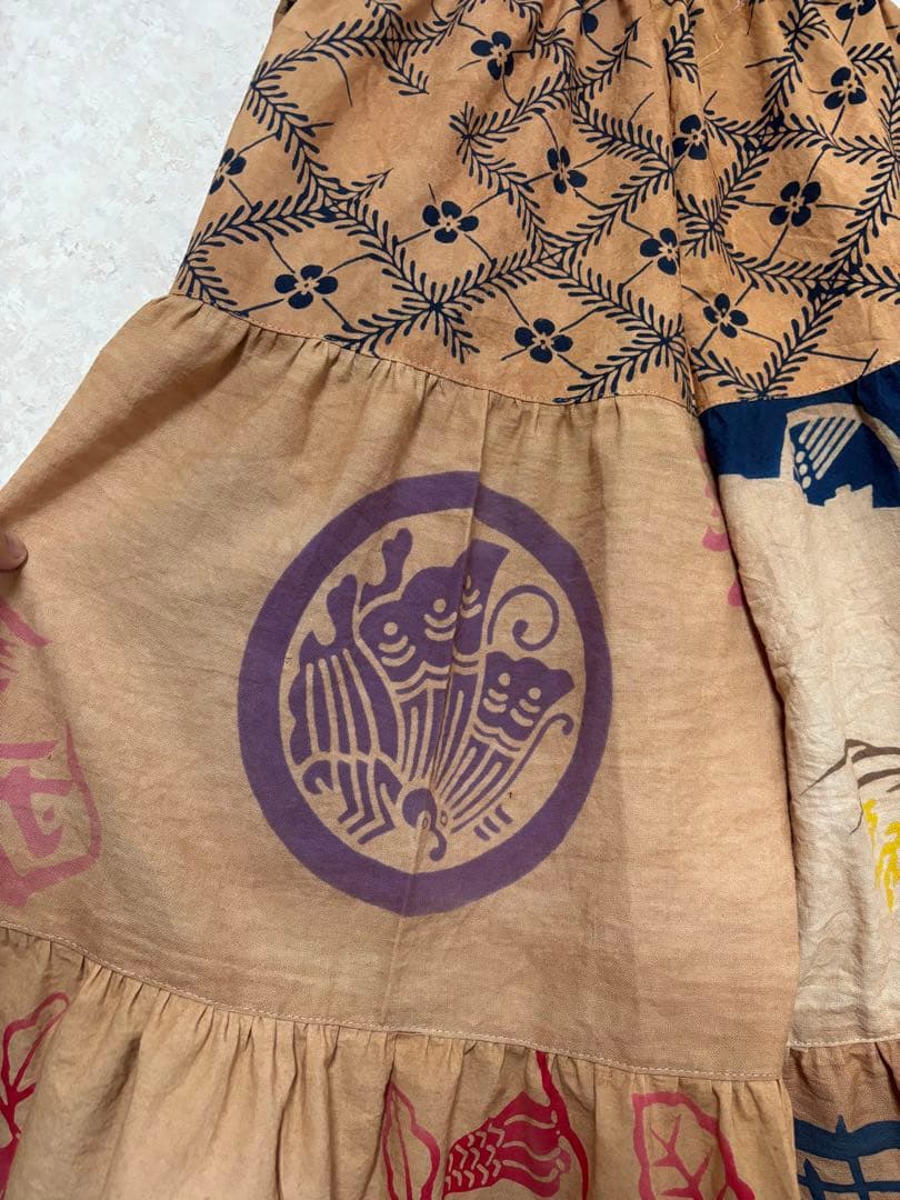 柿渋染め手ぬぐいと浴衣を使った3段ティアードパンツ　金魚　豆絞り