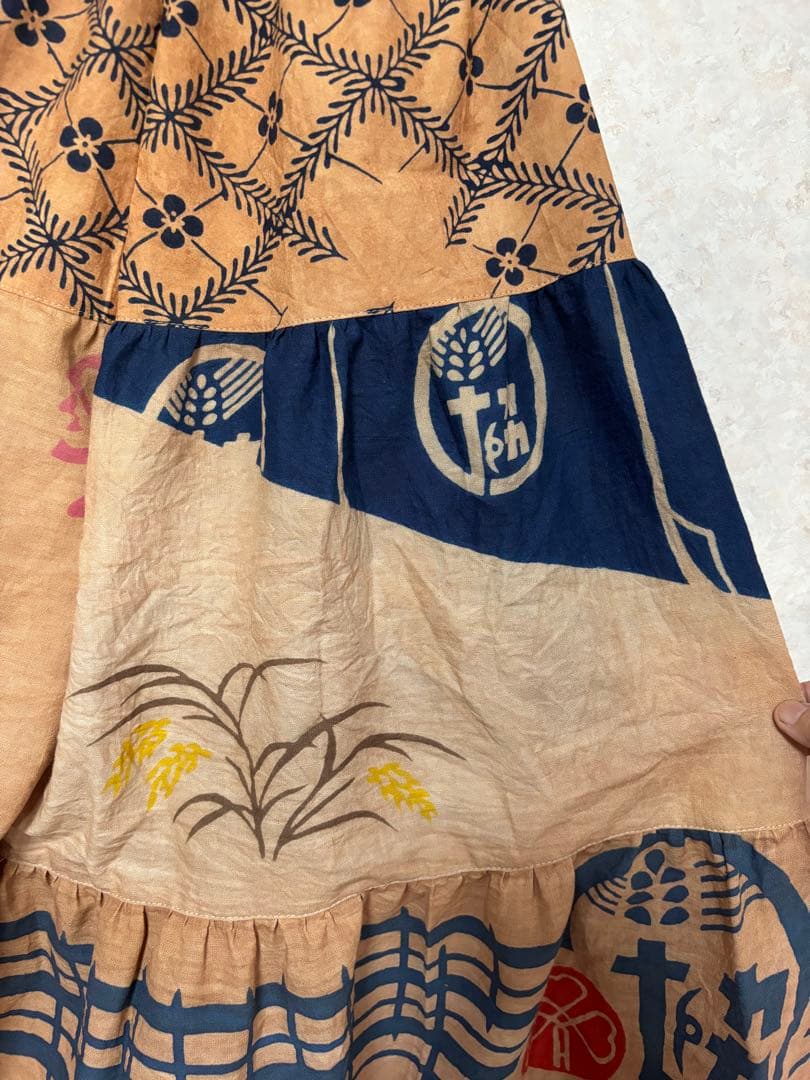 柿渋染め手ぬぐいと浴衣を使った3段ティアードパンツ　金魚　豆絞り