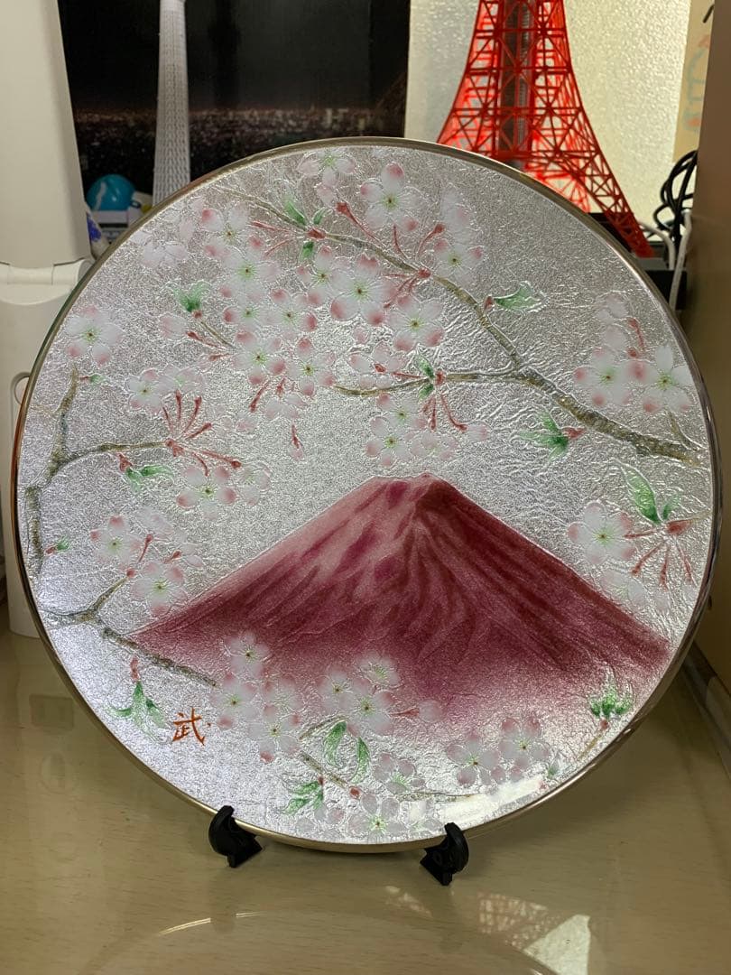 彩光舎 七宝焼き 15 丸赤富士 飾り皿 007-06
