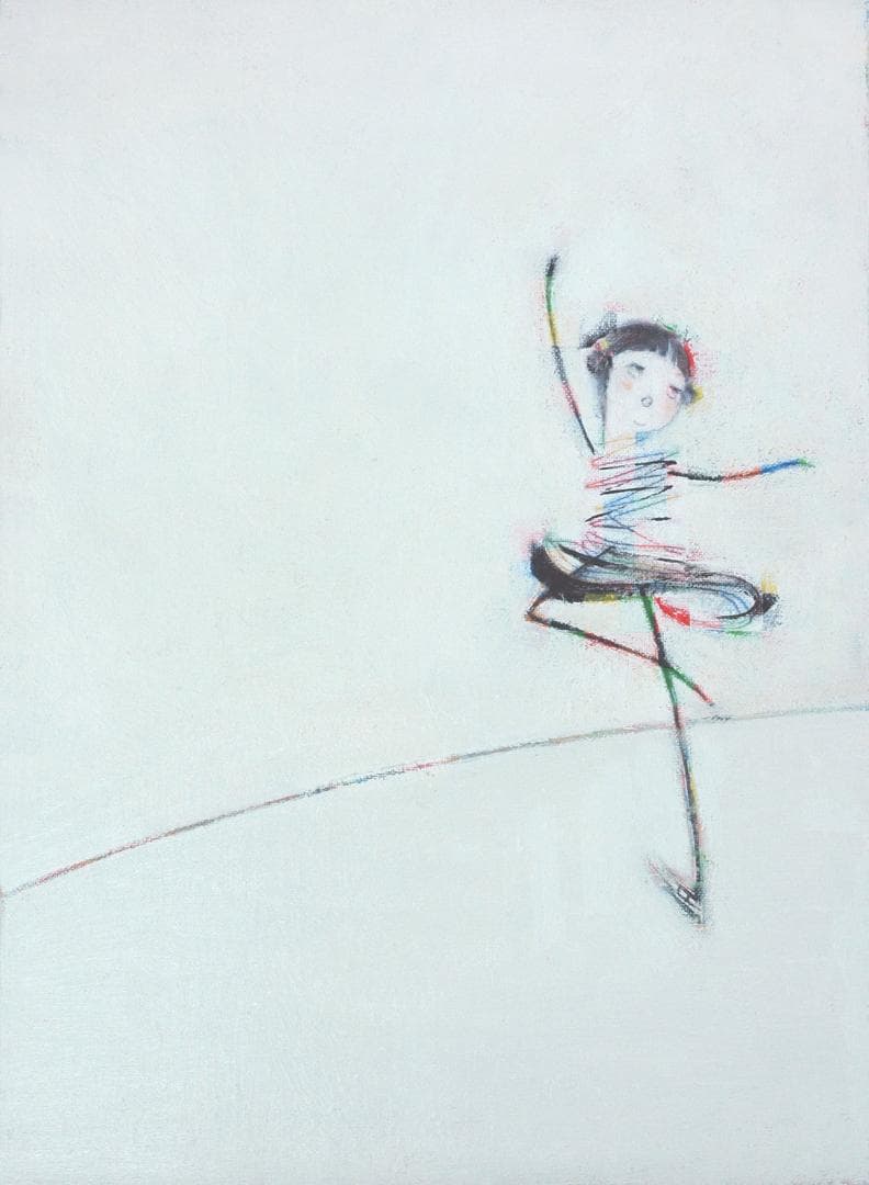 油絵 菅家令子絵 絵画インテリア額付(青緑＋金色の枠)F4-071820スケート