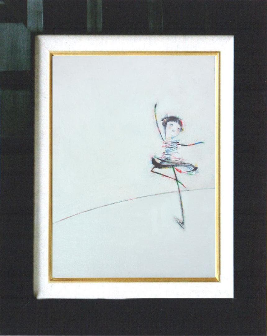 油絵 菅家令子絵 絵画インテリア額付(青緑＋金色の枠)F4-071820スケート