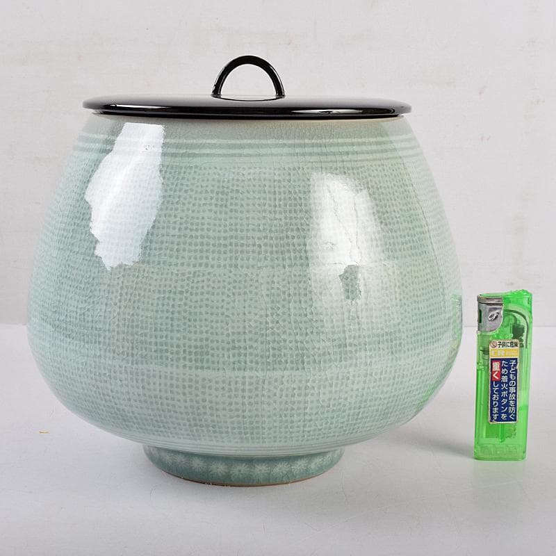 韓国人間文化財　柳海剛（柳根瀅）作　高麗青磁　象嵌　水指　共箱　M　R8896B