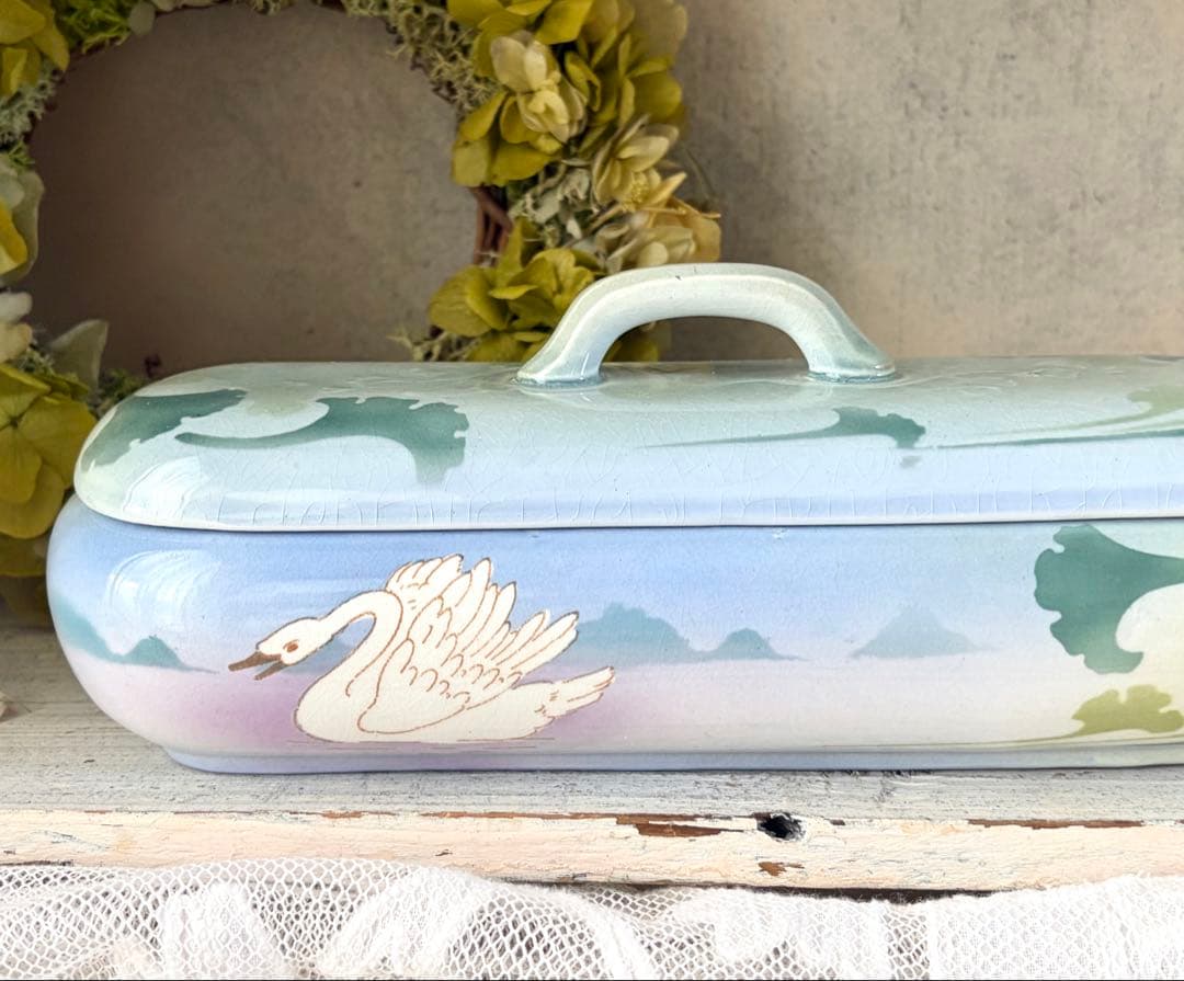 フランスアンティーク 蓋付きケース リュネヴィル窯 スワン 白鳥 小物入れ