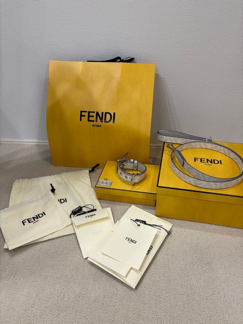 FENDI ズッカ柄 グレー レザー首輪スタッズ付き リード XS 2点セット FENDI ズッカ柄 グレー レザー首輪スタッズ付き リード XS 2点セット