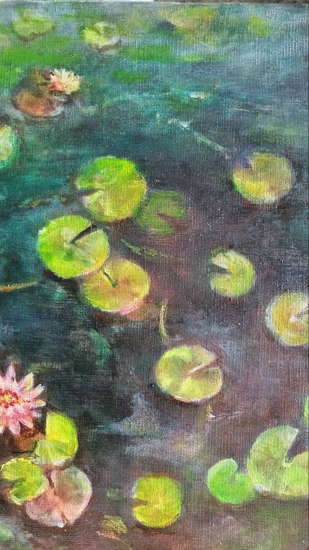 保田三友紀の古典画技法の油絵睡蓮F4号 超高級 額縁付き