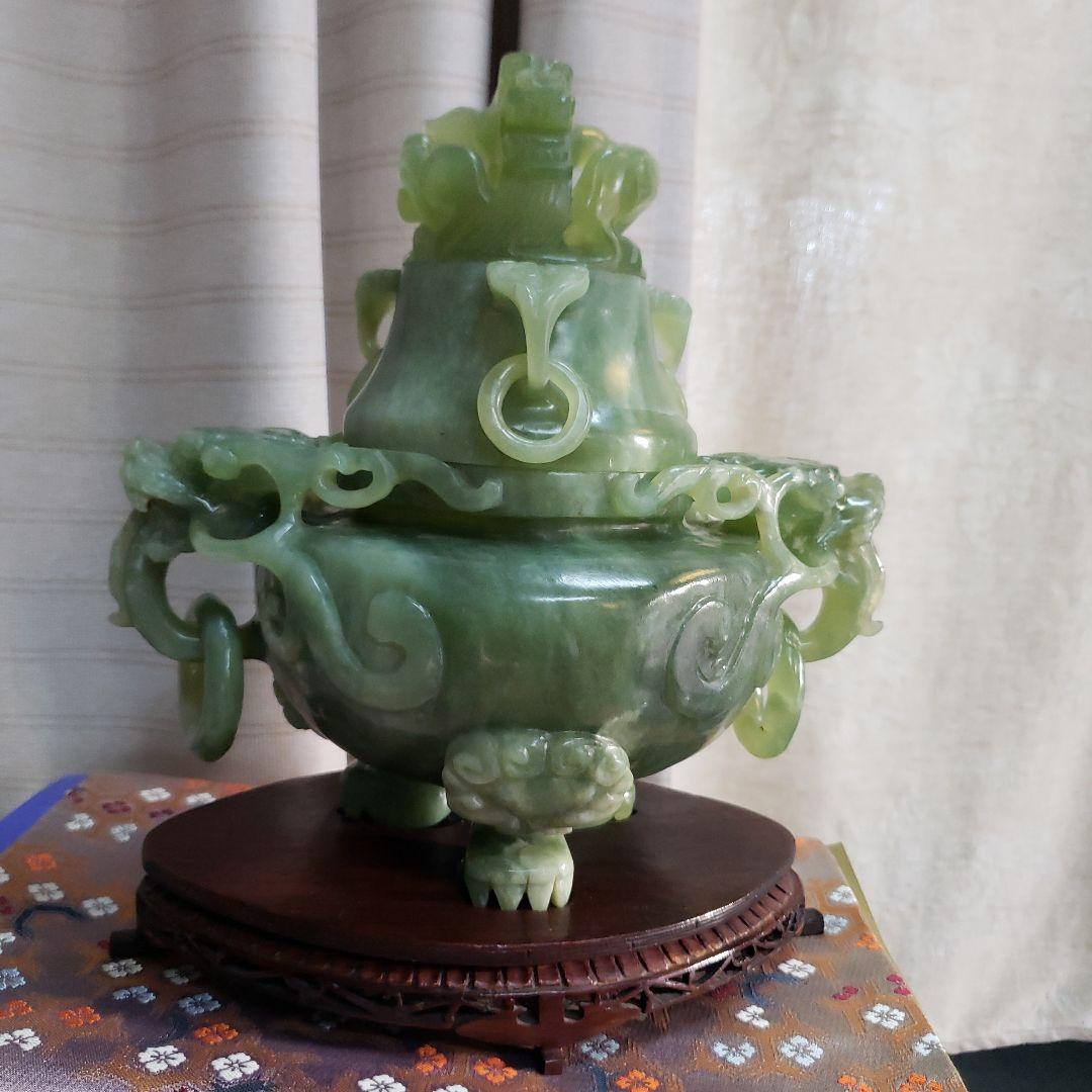 蔵出し大特価 翡翠製 香炉 龍の装飾 木製台座付き S115764801 - 香炉一