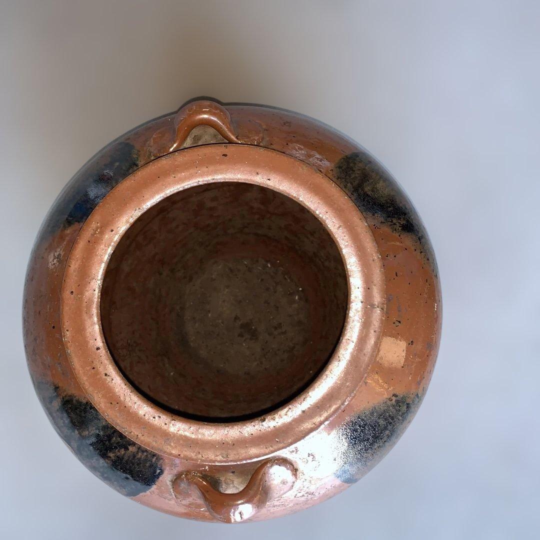 茶色の陶器製，百年灰釉双耳壺 特大32.6㎝ 日本古陶