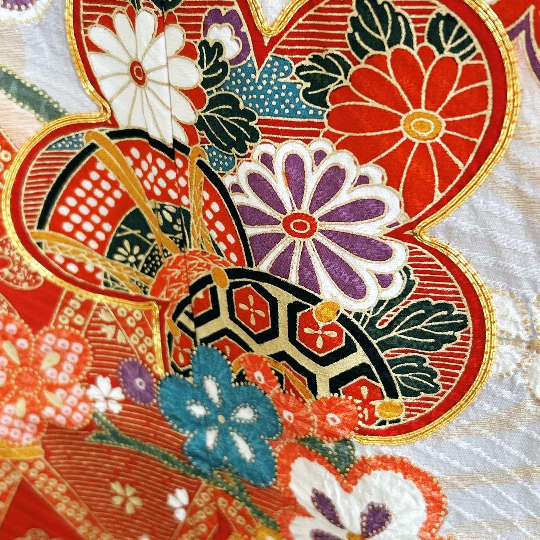 セット七五三7歳女の子長着＆簡単半衿＆結帯＆草履＆バッグ＆小物朱色帯黄系ゴールド