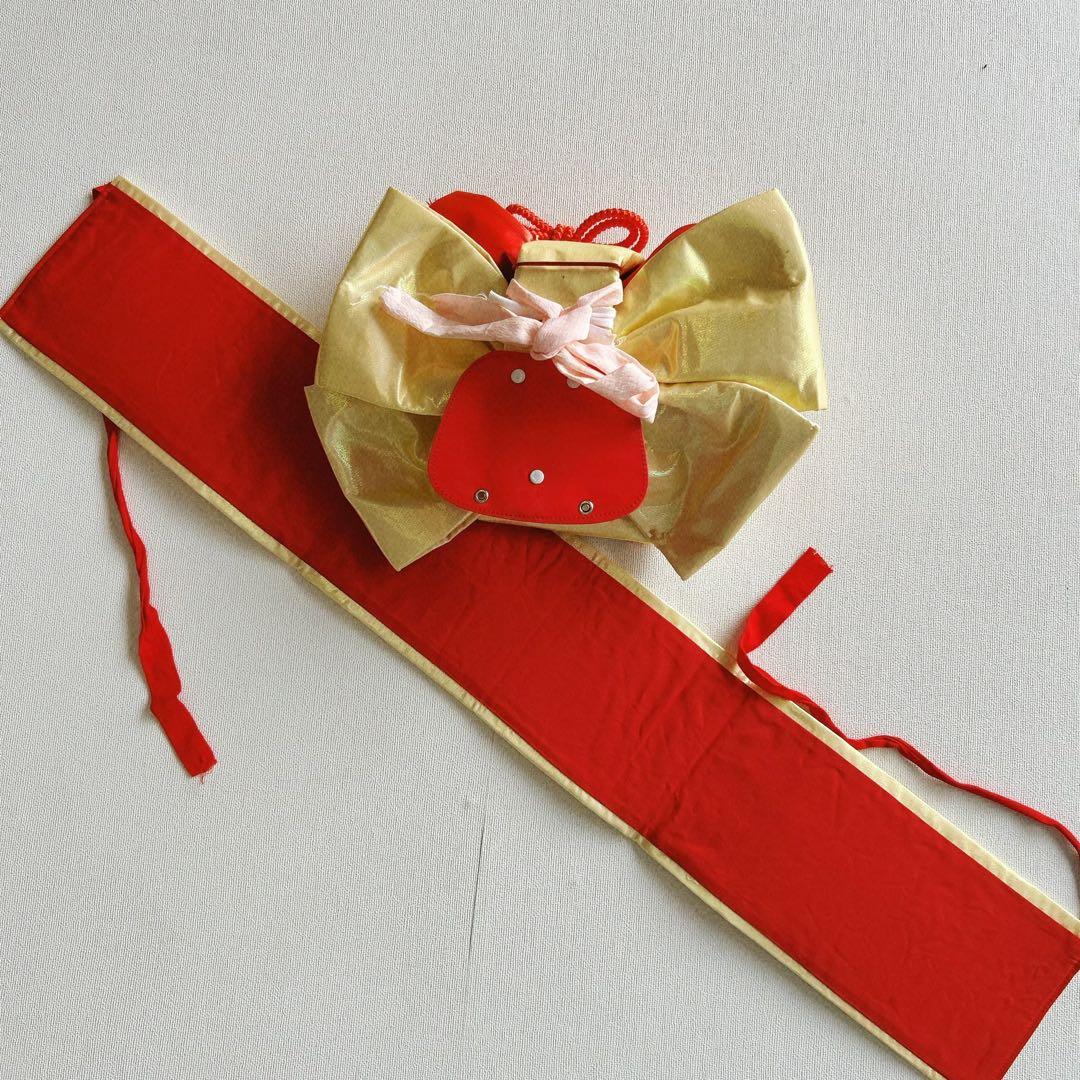 セット七五三7歳女の子長着＆簡単半衿＆結帯＆草履＆バッグ＆小物朱色帯黄系ゴールド