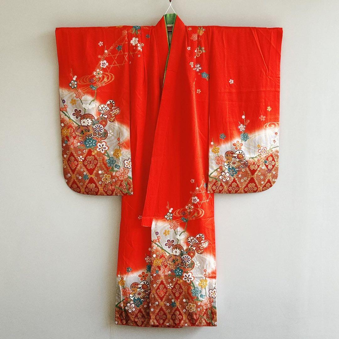 セット七五三7歳女の子長着＆簡単半衿＆結帯＆草履＆バッグ＆小物朱色帯黄系ゴールド