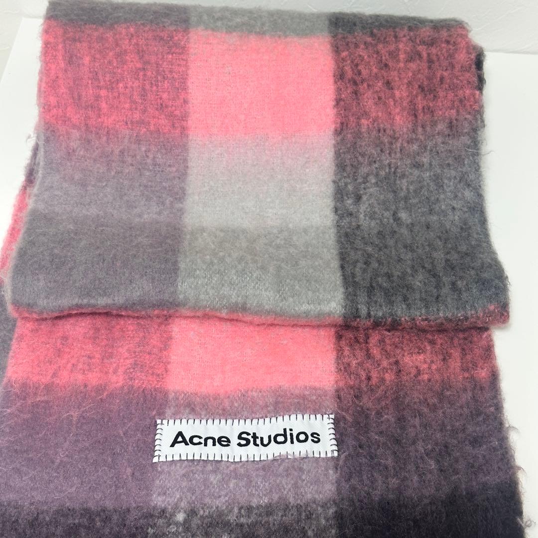 Acne Studios モヘアチェックスカーフ マフラー ピンク グレー 灰色 Acne Studios - Mohair checked scarf - Green/grey/black