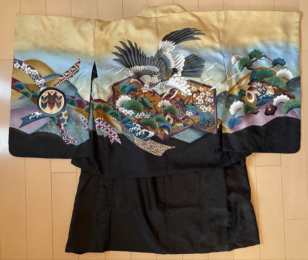 七五三 5歳 男の子 フルセット 男児 着物 羽織 袴 小物 金 黒 鷹 松