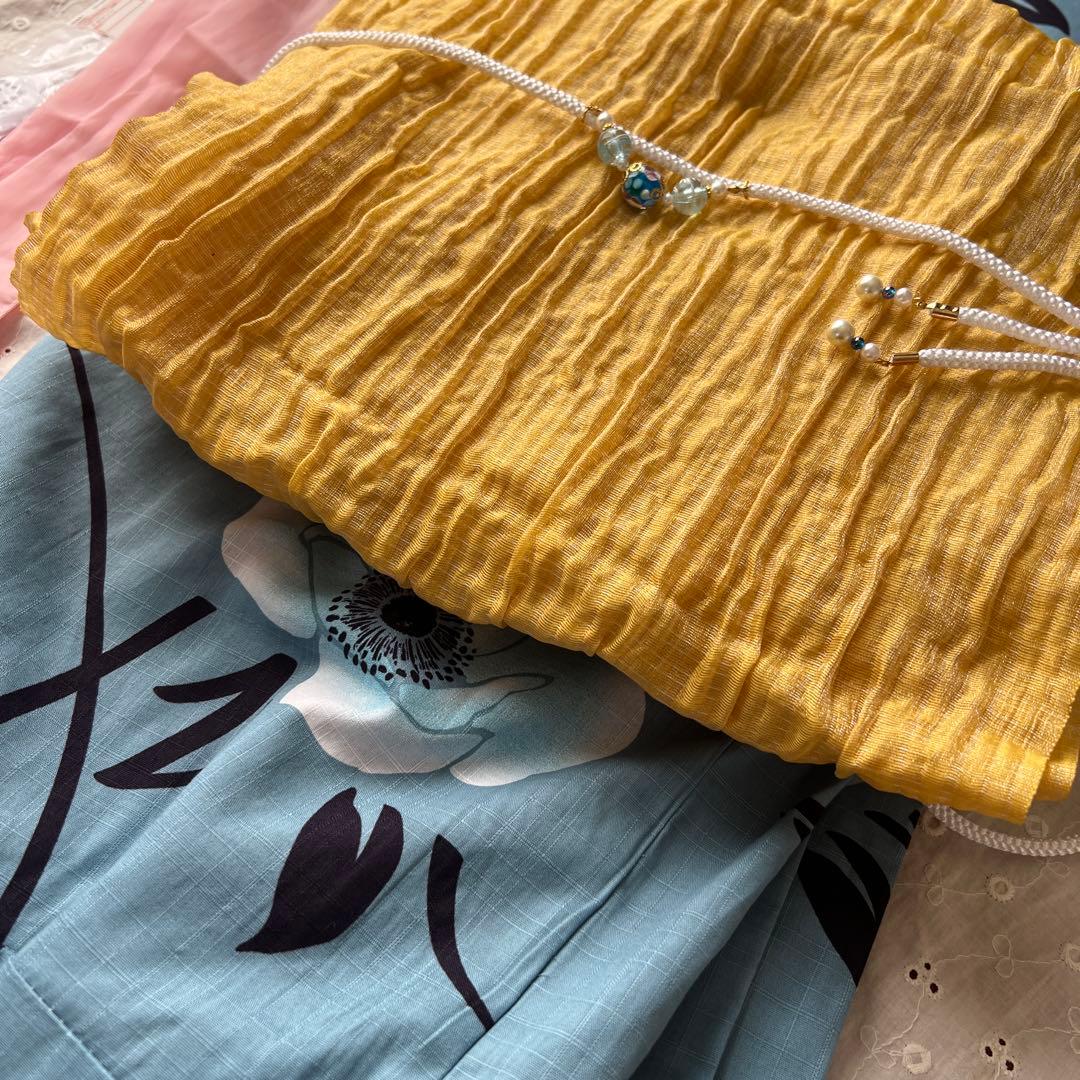 新品未使用　浴衣、帯セット　中古カゴバッグ、下駄、半幅帯2本添え