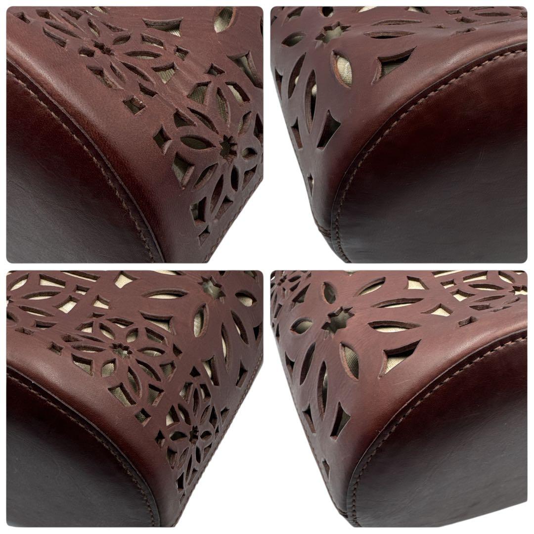 新品未使用 genten ゲンテン カットワーク ハンドバッグ 巾着付 茶 本革