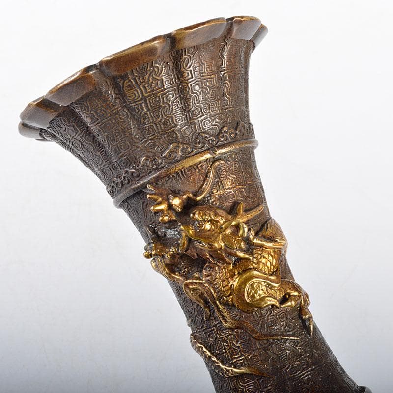 中国　乾隆年製　古銅鍍金　龍鳥文瓶　M　R4597