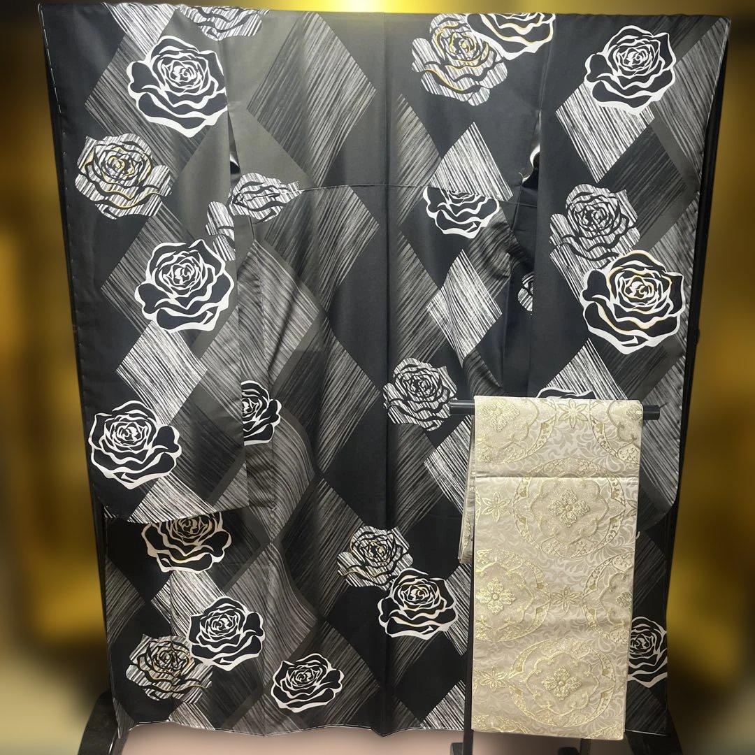 ⭐︎⭐︎ 風流パパ ⭐︎⭐︎振袖　帯　セット売り　黒　成人式 振袖 レンタル 成人式 21点セット レトロ 振袖セット 花 黒系 正絹