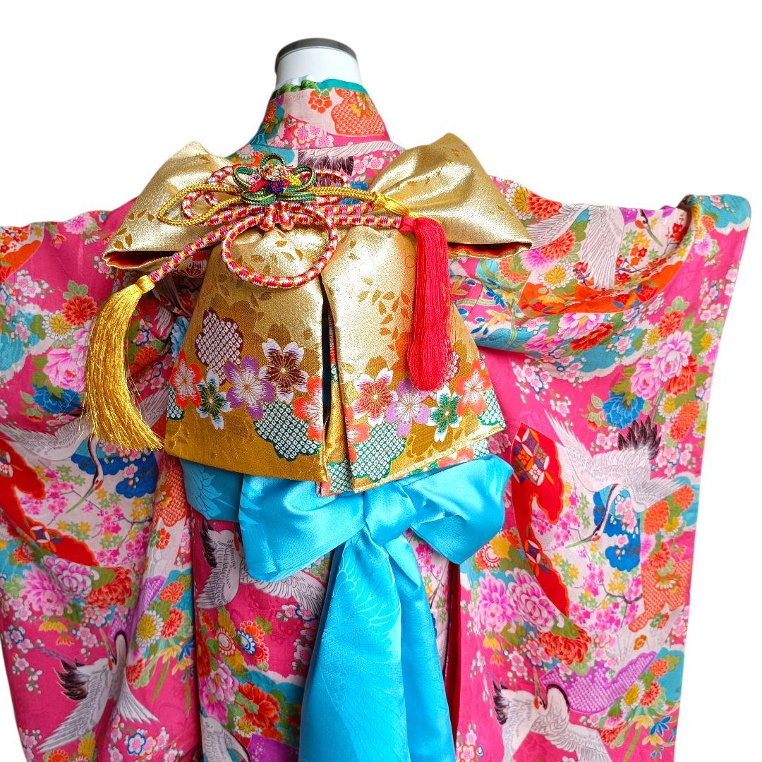 アンティークピンクに飛翔鶴の着物と作り帯☆七五三フルセット