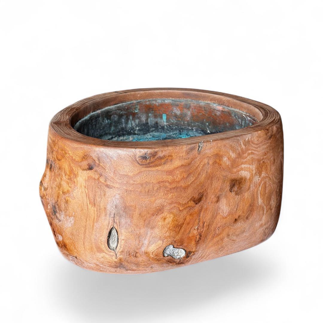 《美しい木肌》希少 美品 桐丸太 切り株 くり抜き火鉢 銅板落とし