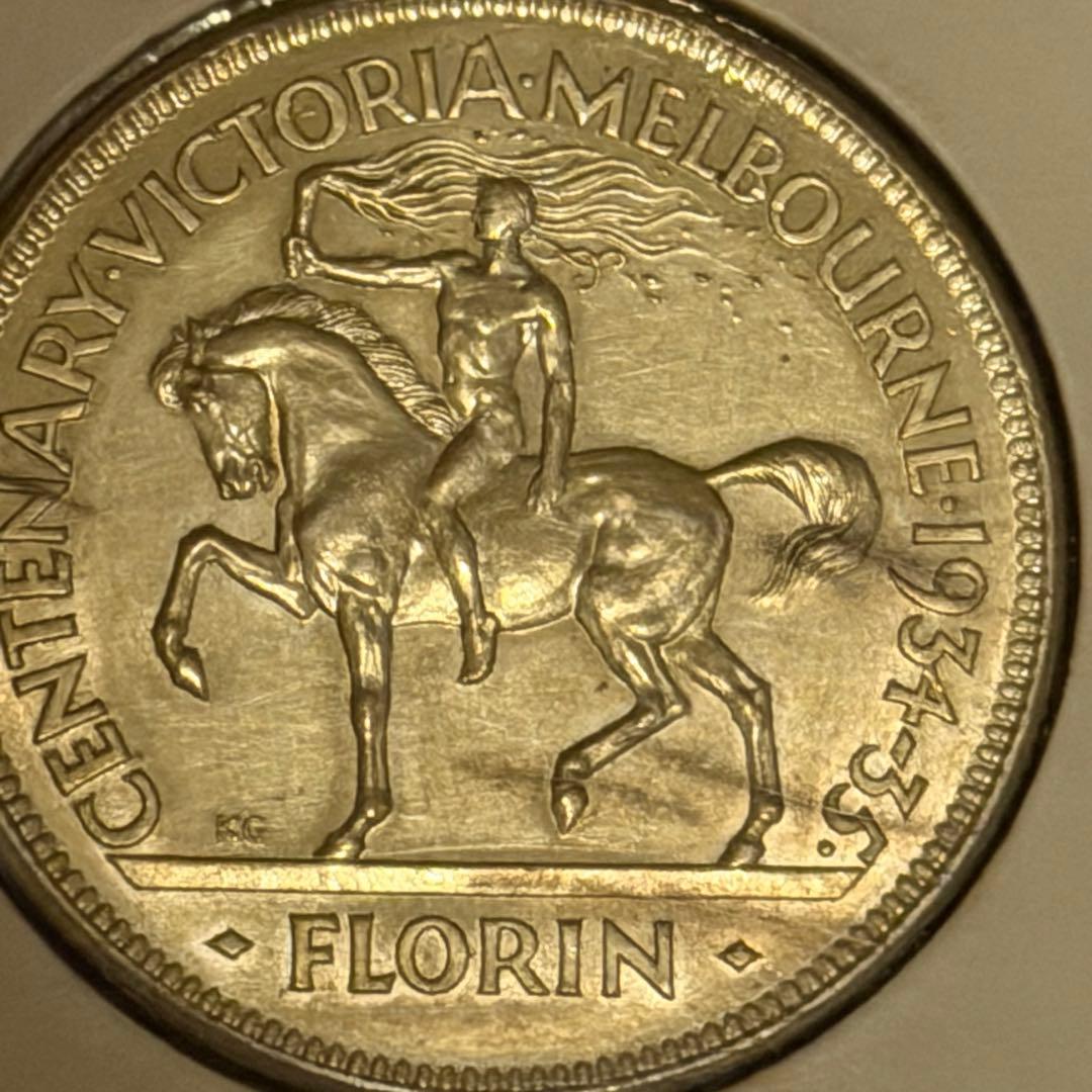 オーストラリア ビクトリア メルボルン 記念銀貨 1934-35フローリン レア