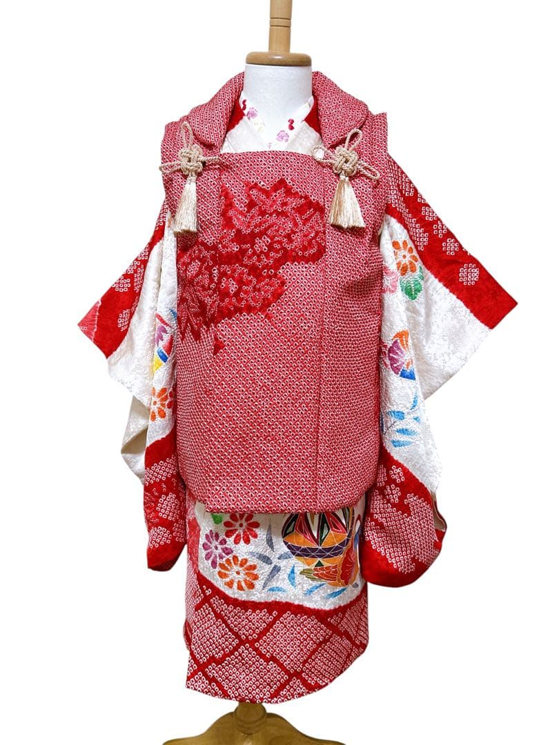 豪華逸品総絞り被布♡七五三　3歳　フルセット　女の子　赤　白　正絹