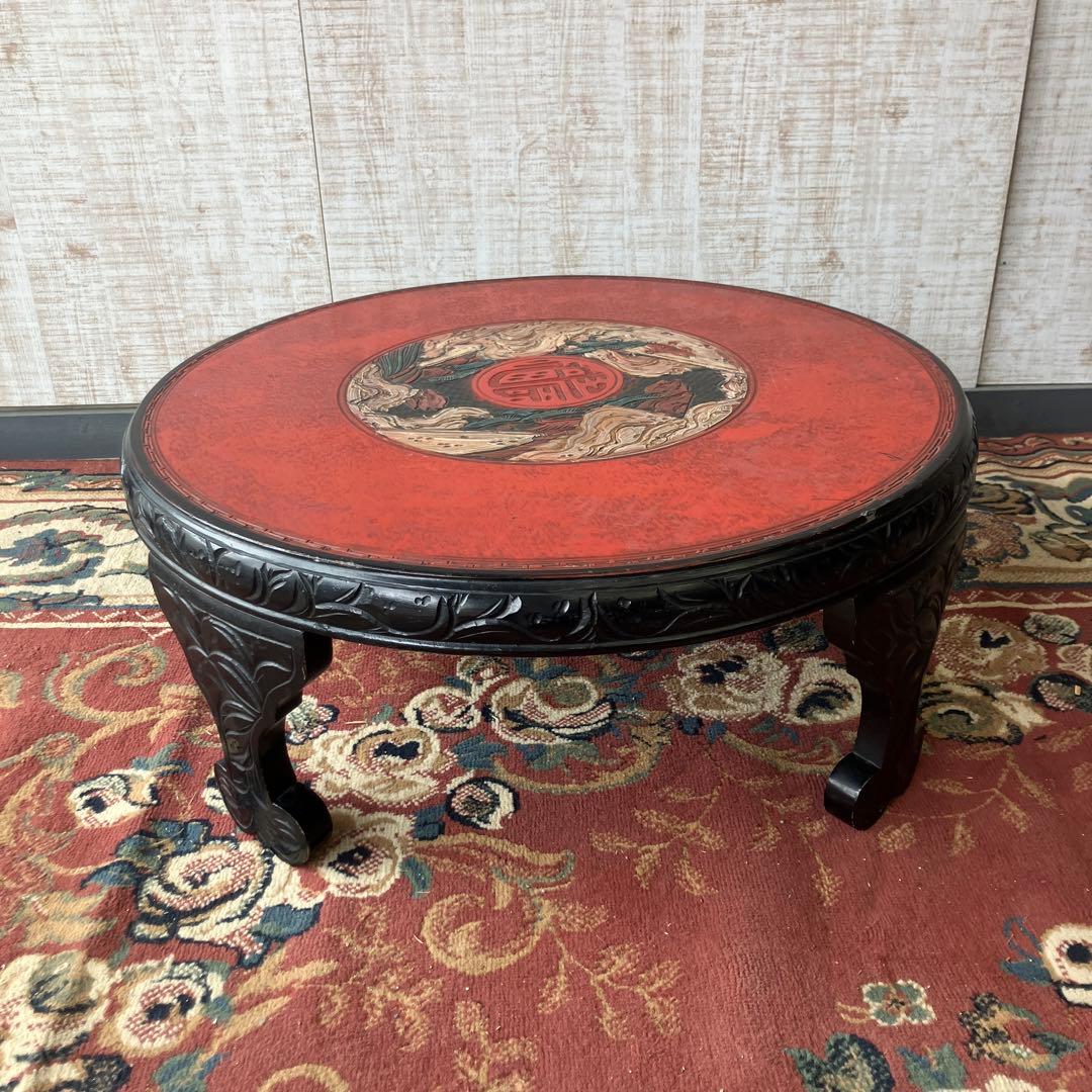 中国骨董 唐家具 飾彫り 円卓 座卓 ちゃぶ台 センターテーブル 古家具