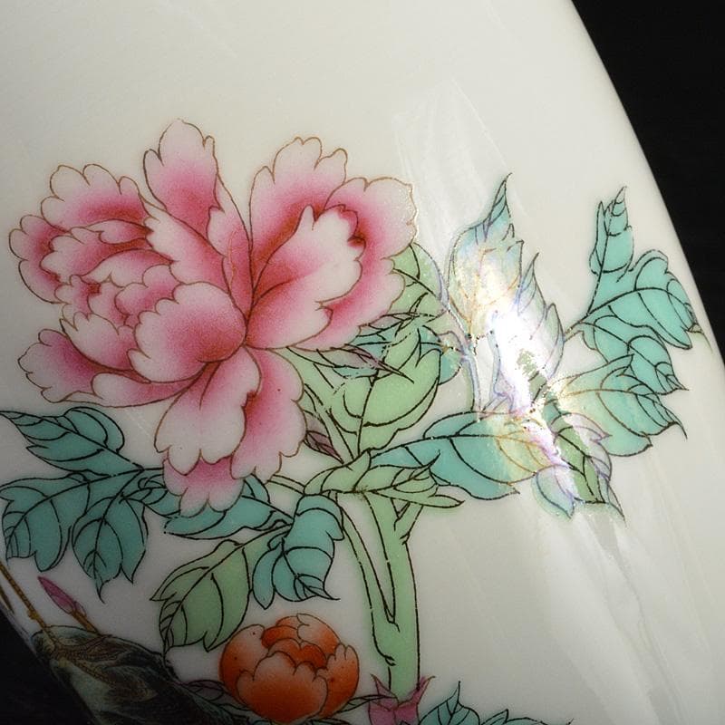 中国　景徳鎮製　粉彩　漢詩孔雀牡丹文瓶　C　6620