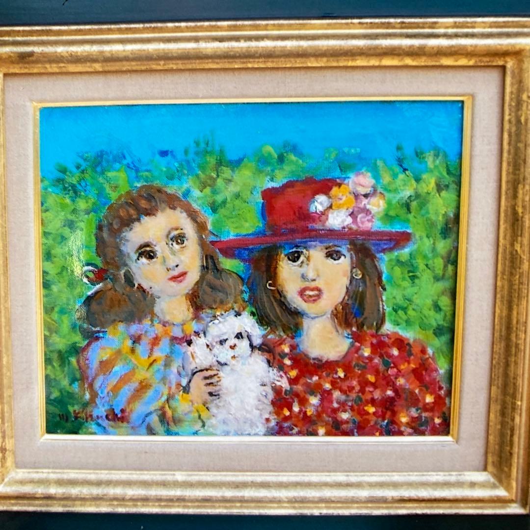絵画油絵油彩画菊地正則F3号「花リボンの少女」原画美品額付き