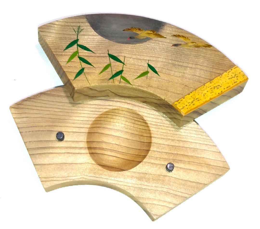 茶道具　加賀山中塗塗師　早見征一作　神代杉二季鳥蒔絵　扇面香合　骨董　美品！！