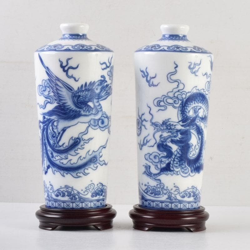 中国 青花 雲龍鳳凰文瓶 花瓶 唐木台付 一双 箱付 V 9066A