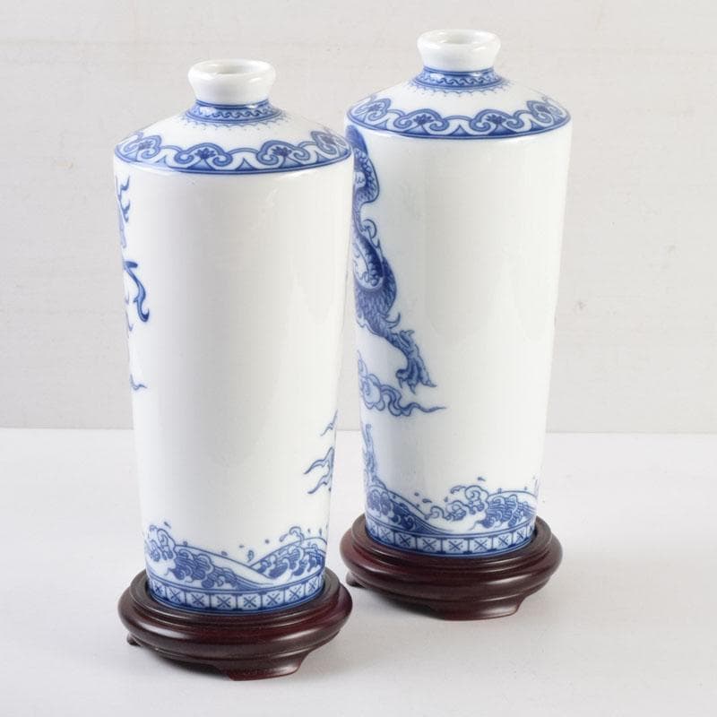 中国 青花 雲龍鳳凰文瓶 花瓶 唐木台付 一双 箱付 V 9066A
