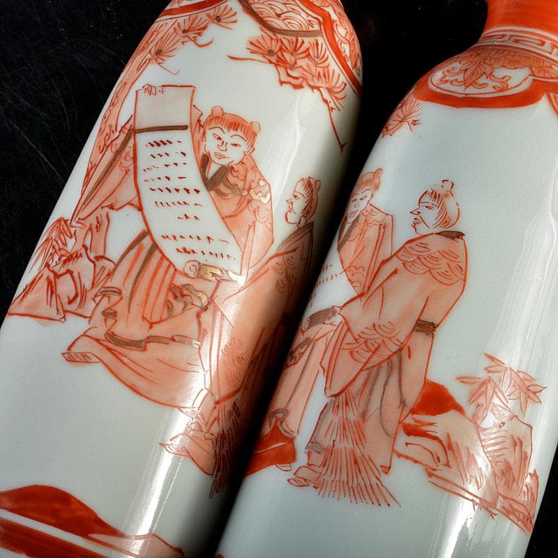 えびいち　赤絵山水人物文　徳利　猪口　一對　時代箱　M　R5942