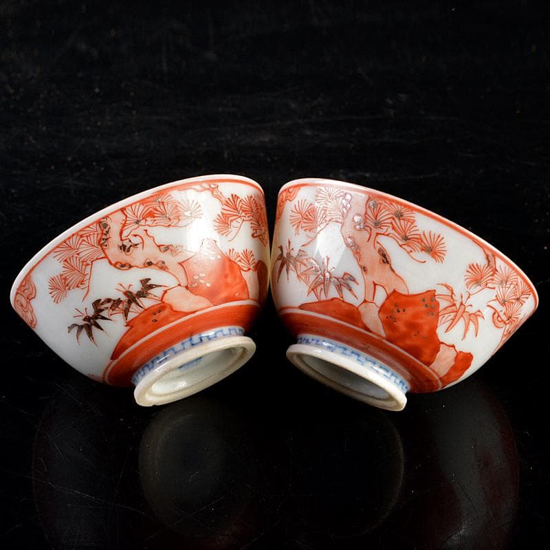 えびいち　赤絵山水人物文　徳利　猪口　一對　時代箱　M　R5942