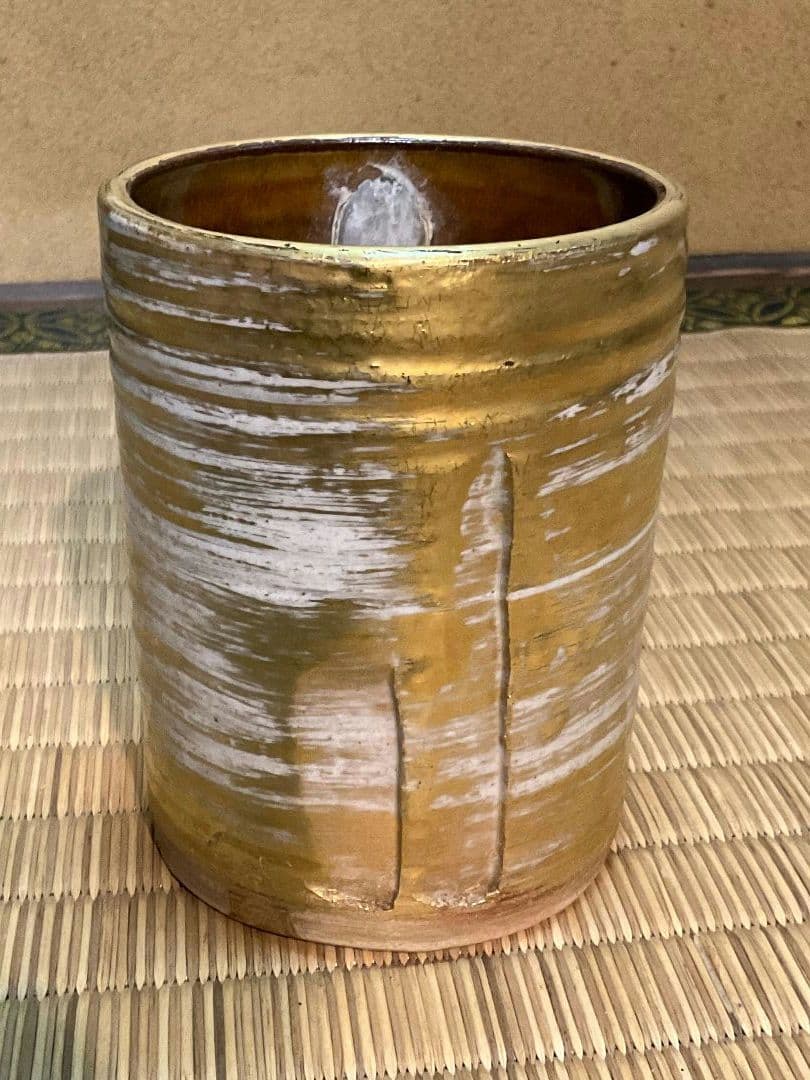 膳所焼 岩崎新定 篭目花入＆黄金掛け花入 淡海ぜぜ