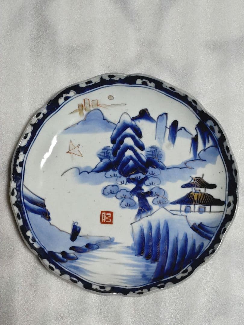 古伊万里　青磁　中皿　皿　染付　山水文　金彩　輪花　3客セット