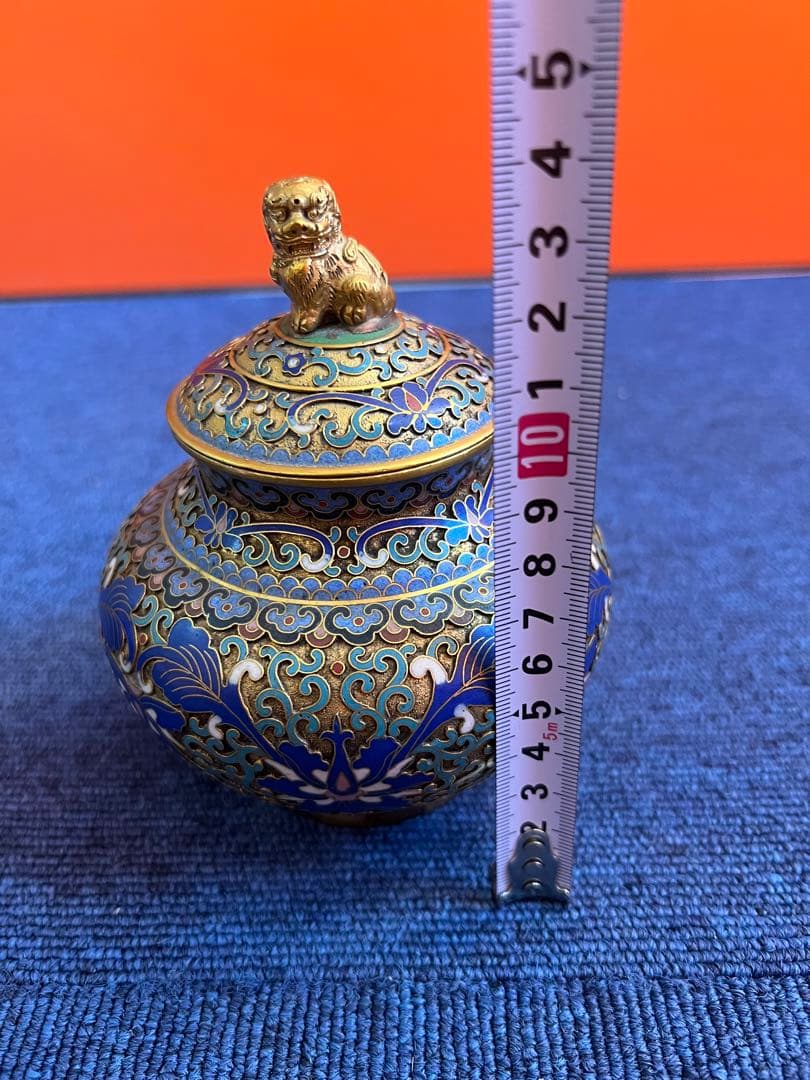 842 中国　景泰藍　古七宝琺瑯彩　花文　獅子摘蓋物　1対