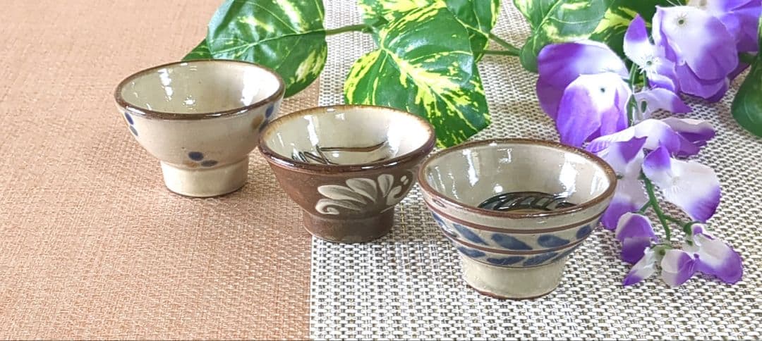 沖縄やちむん　壺屋焼　宮陶房　宮城須美子　海老 魚紋　お猪口3点セット