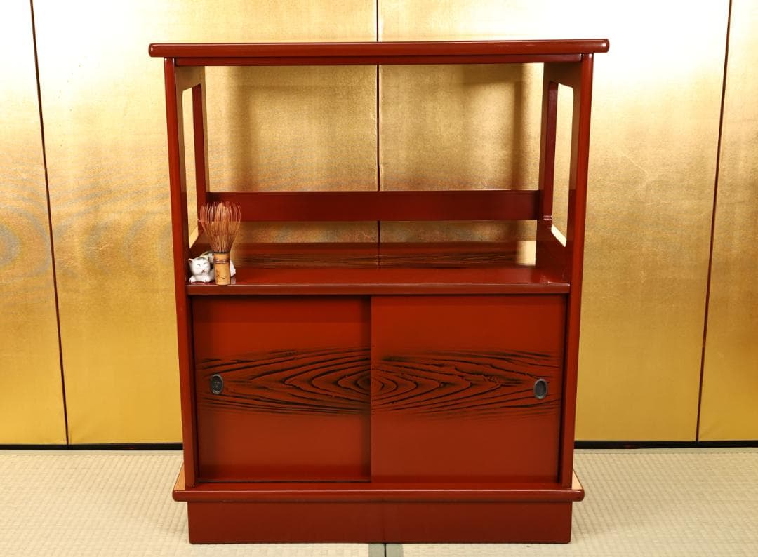 ユリ　時代漆器　松岡漆工　根来塗　朱塗　飾棚　茶棚　煎茶　BK056