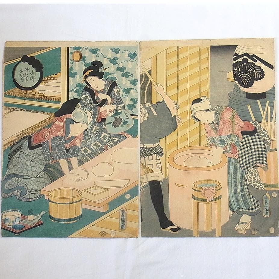 歌川国貞 浮世絵 木版画 餅つき風景2枚セット 年中行事 美人画