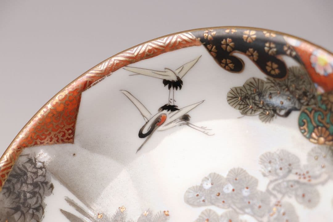 CH85 時代 九谷焼 福栄 金彩色絵 小皿 六客 12.2cm 山水 鶴松