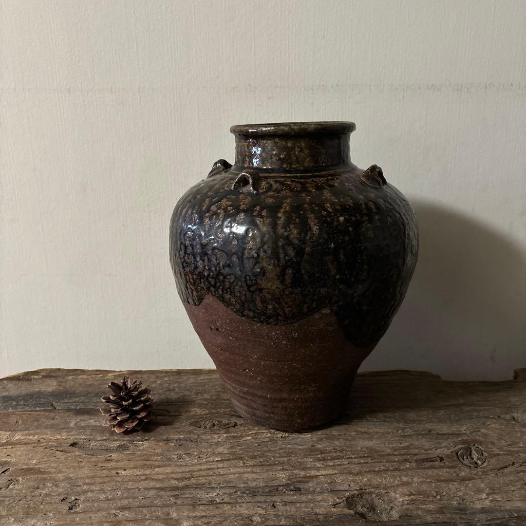 古丹波壷(江戸時代頃) 飴釉葉茶壺　古道具　古備前　古信楽　検:李朝　呂宋壷