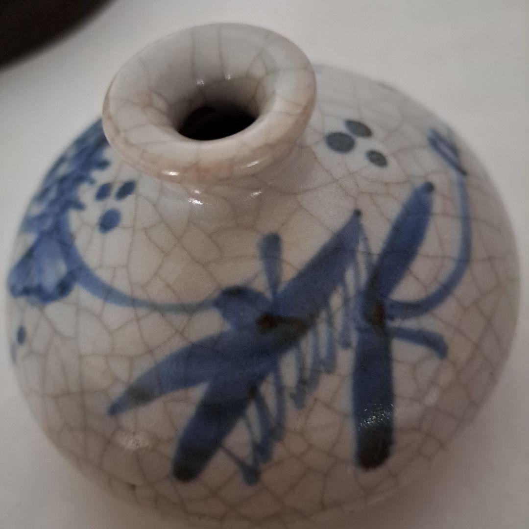 Kan　　江戸中　初期伊万里　　極上油壺　貫入　　縁広型　鯉、トンボ文