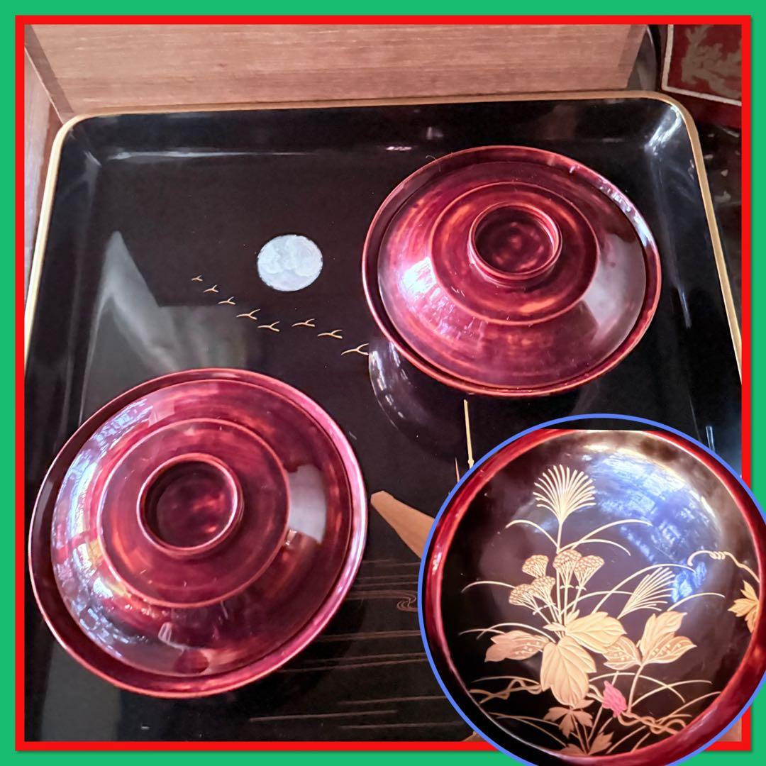 2224様感謝‼️感謝価格‼️超絶JAPAN蒔絵あけぼの❌黒 秋草蒔絵　茶懐石椀5客