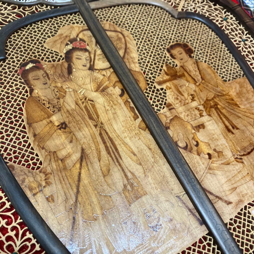 中国美術 唐木造 白檀透彫刻 翡翠 軍配型硯屏 団扇 唐物？