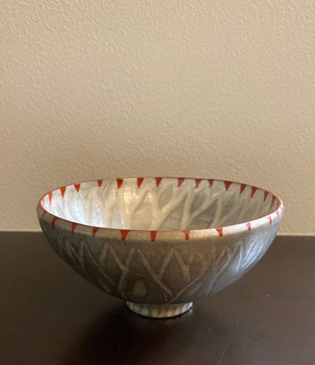 林みちよ　紅縁銀彩花碗　高台紅花　旅茶碗　小服茶碗　ティーカップ　茶道