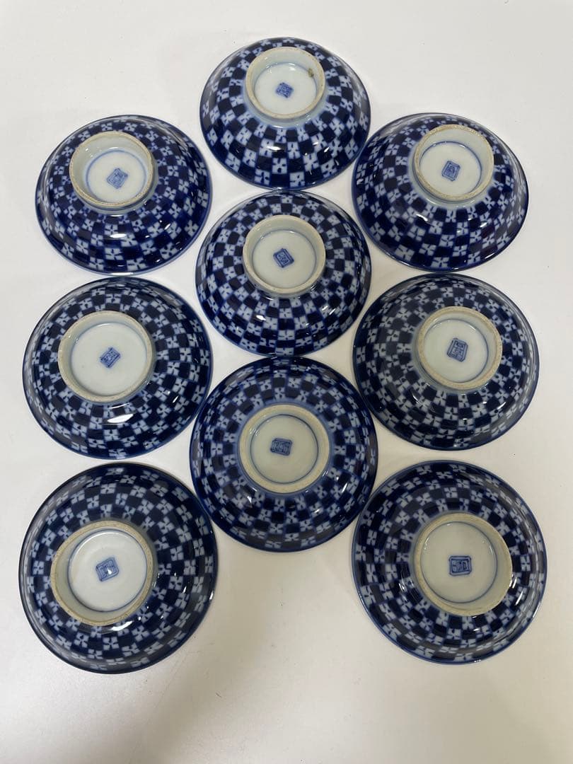 現状品】古伊万里 青 染付 蓋付飯碗9客 レトロ アンティーク