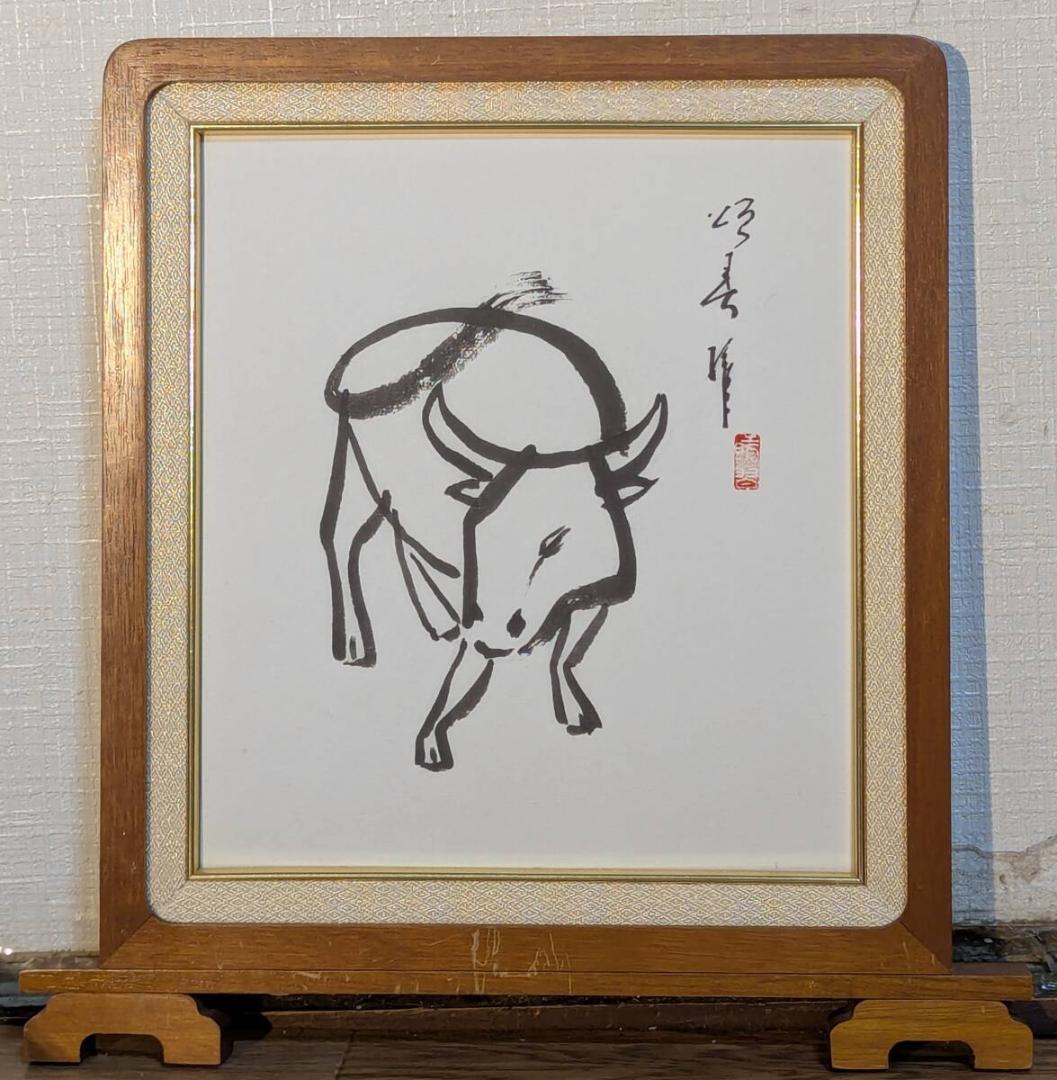 真作】絵画 水墨画（色紙） 牛図 力強い筆致 現代書画作品 Z35 - メルカリ