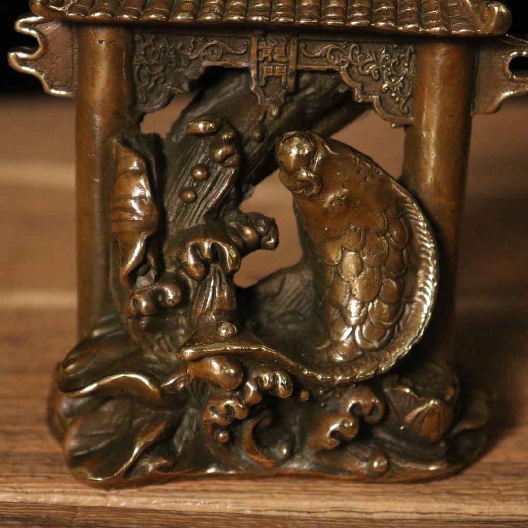 銅器 鯉躍龍門 客間 茶台 机 事務室 風水開運 装飾品 工芸品 置物