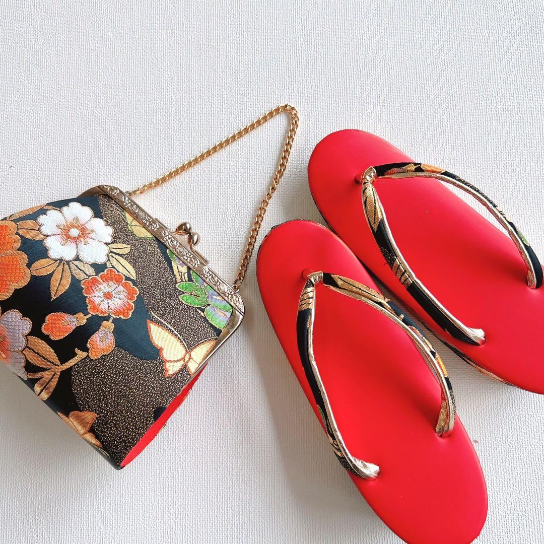 セット七五三 ７歳女の子 長着＆袖なし長襦袢＆帯＆小物　赤×黒　オシドリ　伊達衿